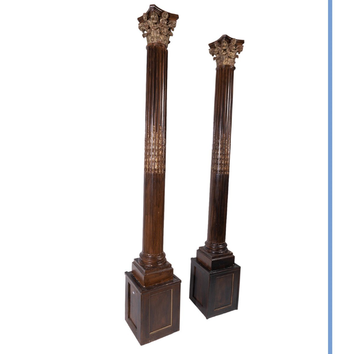 Paire de colonnes corinthiennes  en bois vernis et doré, XIXe-photo-2