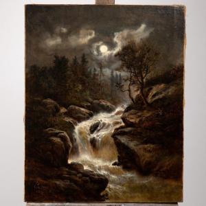 Hedmund Höd (1861-1888), La cascade de nuit, huile sur toile, 1878