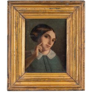 Portrait de jeune femme, huile sur carton sous verre, XIXe