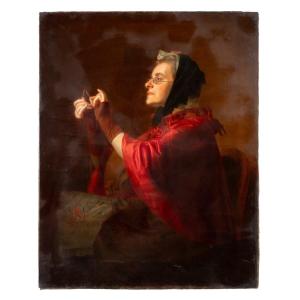 Dans le goût de Pierre Joseph Toussaint (1822-1888), La couturière, huile sur toile, XIXe