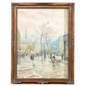 René Leverd (1872-1938), Vue de la conciergerie sous la pluie à Paris , aquarelle,  XXe
