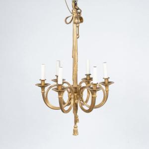 lustre à décor de cors de chasse à six bras de lumière en bronze doré, XIXe