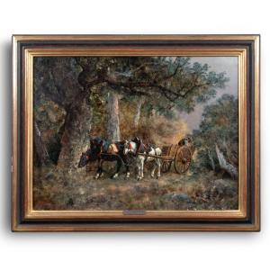 Jules Jacques Veyrassat (1828-1893), Charrette tirée par deux chevaux, huile sur toile, XIXe