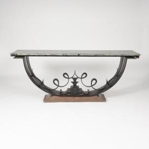 Art Deco Period Console Table In Hammered Iron And Marble Top, XXth