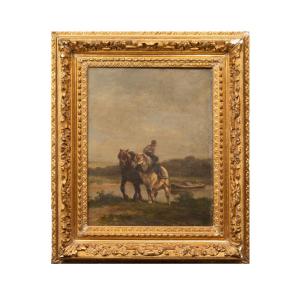 Emile Jacque (1848-1912), Chevaux sur le chemin de hâlage, huile sur toile, XIXe