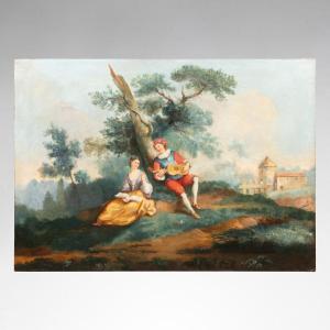 École Française du XIXe, Scène galante, huile sur toile de boiserie ou de trumeau, XIXe