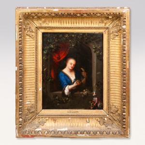 Follower Of Godfried Schalken (1643-1706), Woman With Monkey And Parrot, 18th Century