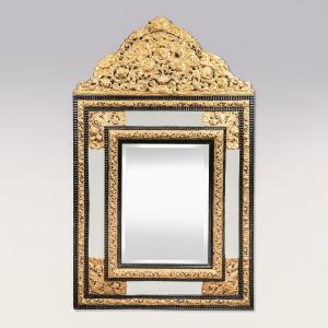Mirror With Repoussé Brass And Blackened Wood Frames, 19th