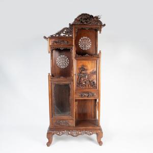 Indochinese Cabinet With A Dragon In Carved Exotic Wood, 20th Century
