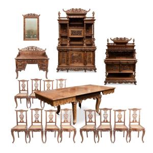 Indochinese Dining Room Set In Richly Carved Exotic Wood, 20th Century