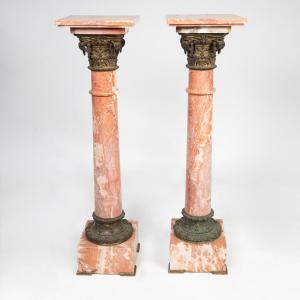 Pair Of Pink Marble And Gilt Bronze Columns, 19th Century