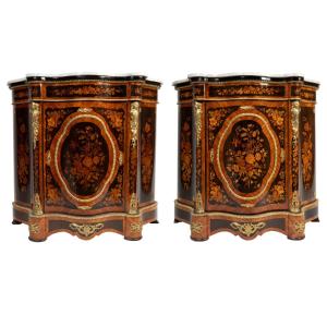 Pair Of Console-height Cabinets In Precious Wood Marquetry, 19th Century