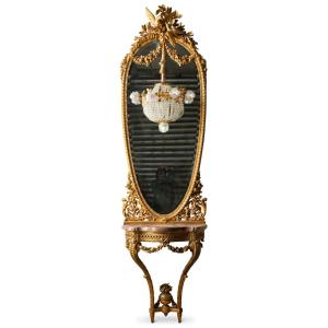 Console And Its Mirror Richly Carved In Gilded Wood, 19th Century