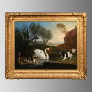 Attribué à Jan  Weenix  (1640-1719), Chien à l'arrêt devant un cygne, huile sur toile, XVIIIe
