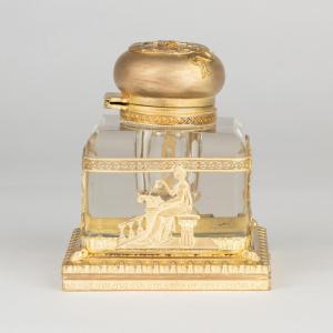 Dans le goût de Baccara, encrier en cristal taillé et bronze doré, XIXe