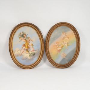 Eugénio Agneni (1819-1888), Angelots In The Clouds, Pair Of Oil On Canvas, 19th Century