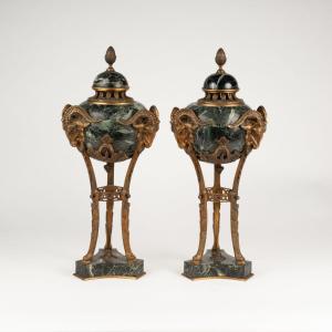 Pair Of Ormolu And Green Marble Ram-headed Cassolettes, 19th
