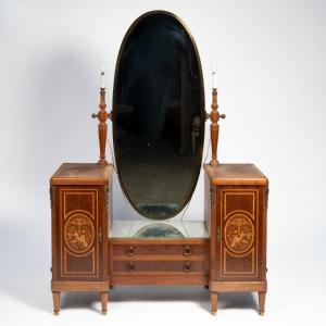 Coiffeuse à miroir mobile ovale marquetée, XXe