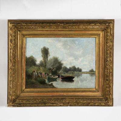 Charles Donzel (1824-1889), Embarquement près du lac, huile sur panneau, XIXe