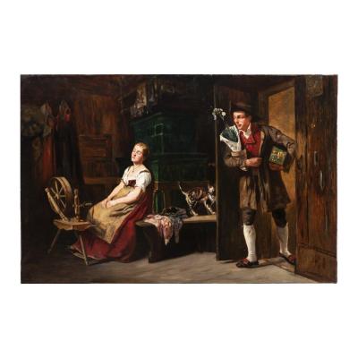 French School, Oil On Canvas, Romantic Scene, XIXth