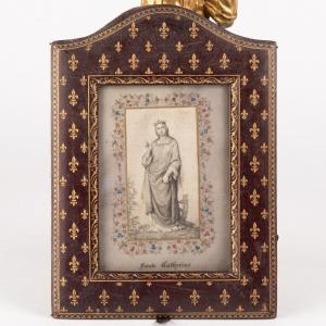 Petite gravure de Saint Catherine au cadre en cuir de Cordoue, XIXe