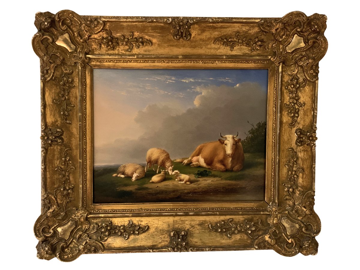 Eugène Verboeckhoven – Scène pastorale aux moutons , agneaux et vache 19e