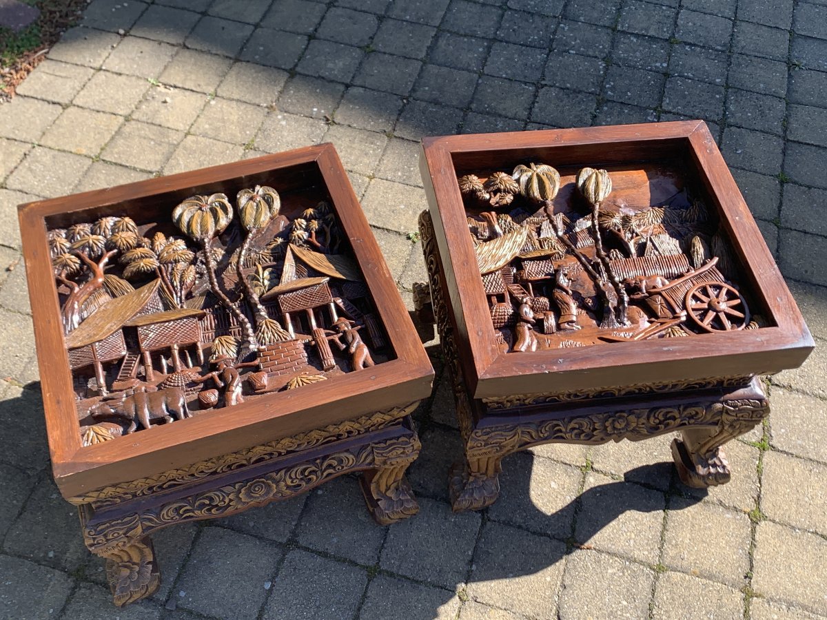 Paire de tables basses sculptées en bois de Suar et Teck – Indonésie / Bali 20e