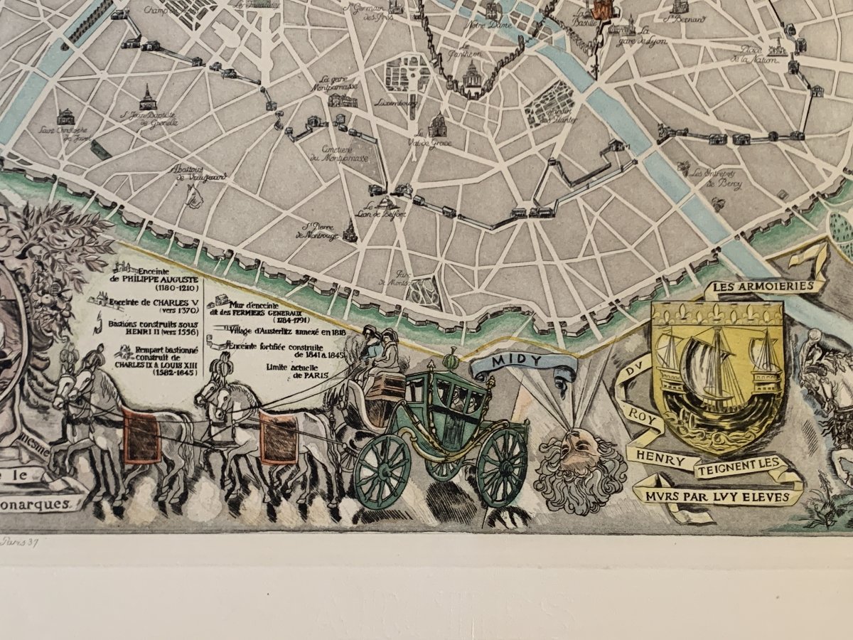 André Serveau (1892-1971) - Plan Des Anciennes Enceintes De Paris (1937) - Original Engraving-photo-1