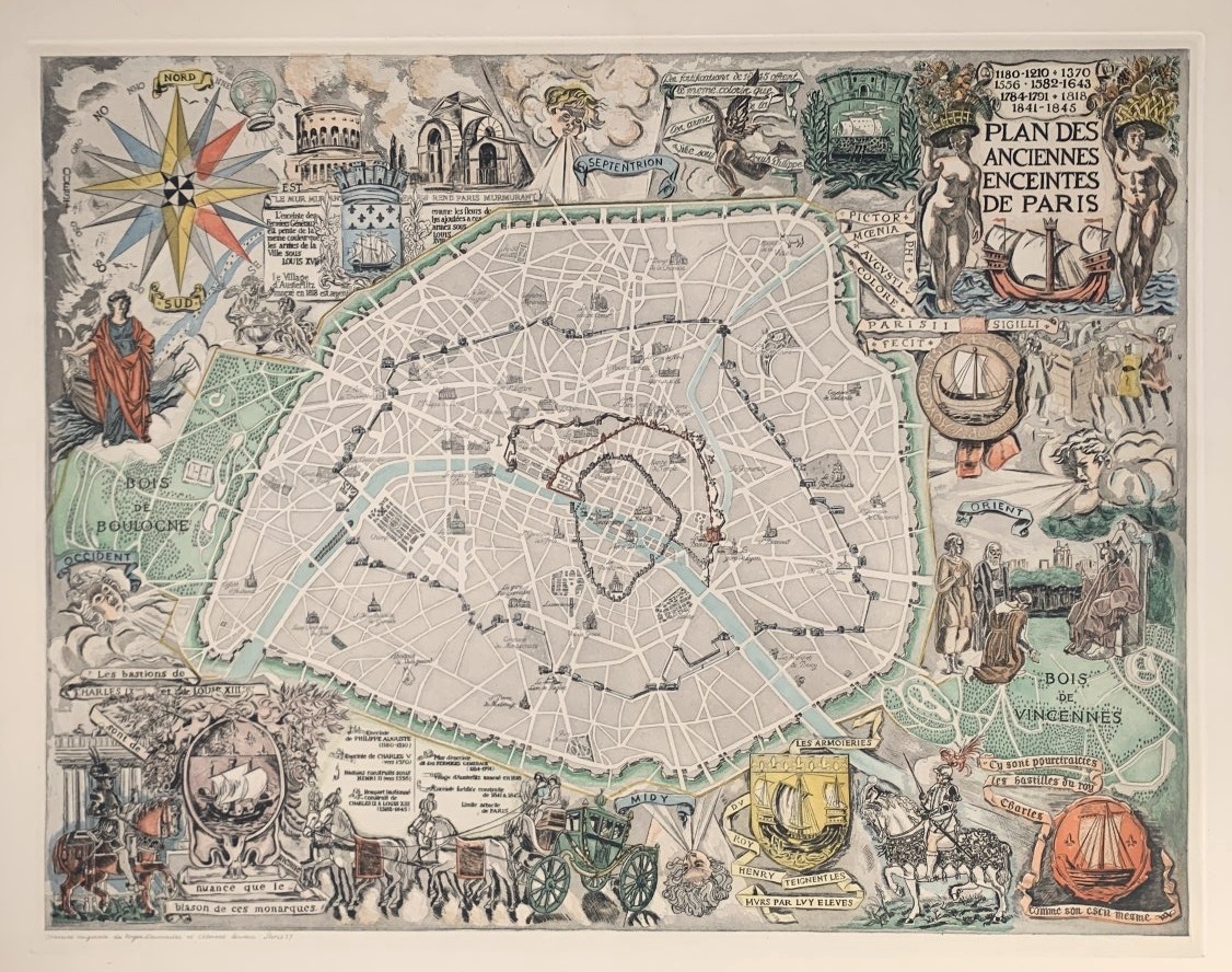 André Serveau (1892-1971) - Plan Des Anciennes Enceintes De Paris (1937) - Original Engraving