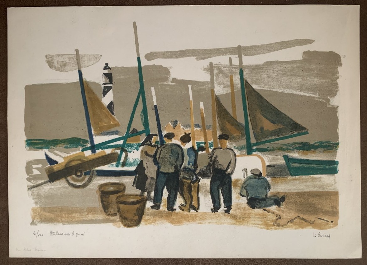 Louis Evrard (1905–1989) – "fishermen On The Pier" – Signed And Numbered Lithograph, 23/100-photo-4
