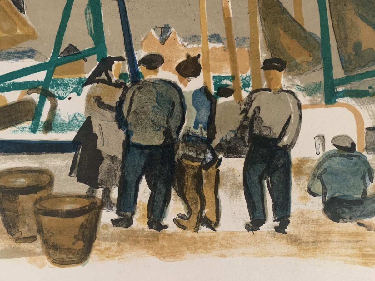 Louis Evrard (1905–1989) – "fishermen On The Pier" – Signed And Numbered Lithograph, 23/100-photo-1