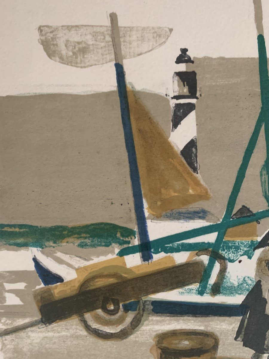 Louis Evrard (1905–1989) – "fishermen On The Pier" – Signed And Numbered Lithograph, 23/100-photo-2
