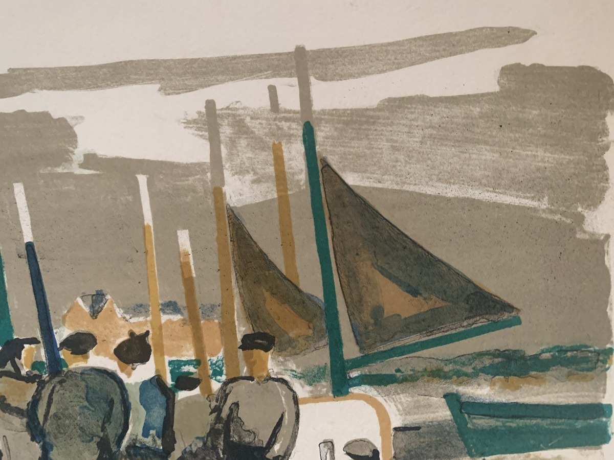 Louis Evrard (1905–1989) – "fishermen On The Pier" – Signed And Numbered Lithograph, 23/100-photo-3