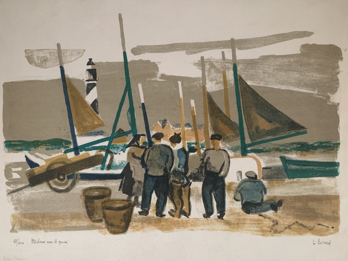 Louis Evrard (1905–1989) – "fishermen On The Pier" – Signed And Numbered Lithograph, 23/100