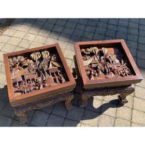 Pair Of Carved Coffee Tables In Suar Wood And Teak - Indonesia / Bali 20th Century