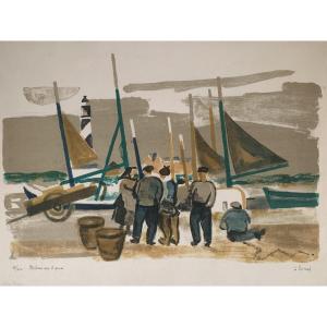 Louis Evrard (1905–1989) – "fishermen On The Pier" – Signed And Numbered Lithograph, 23/100