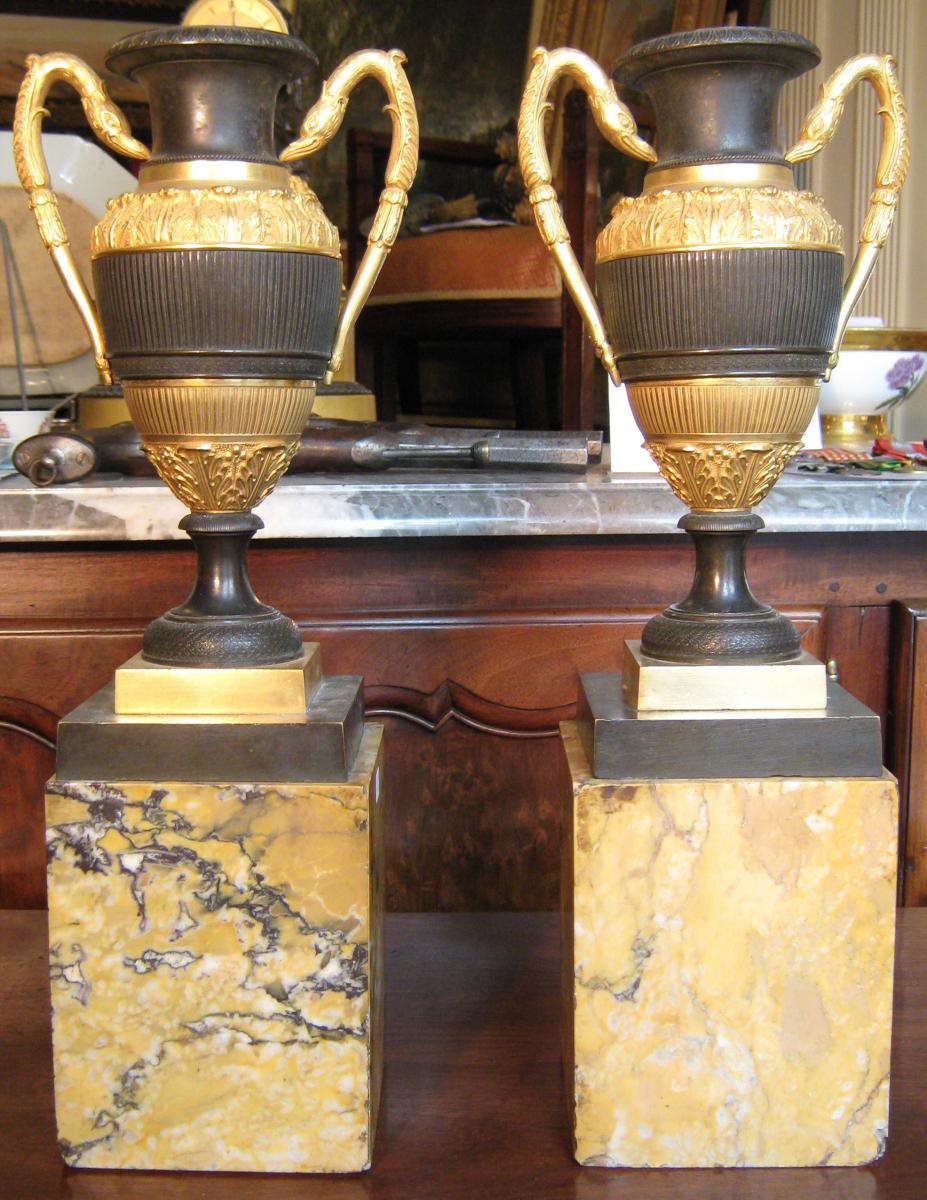 Paire De Vases En Bronze Patiné Vers 1820.