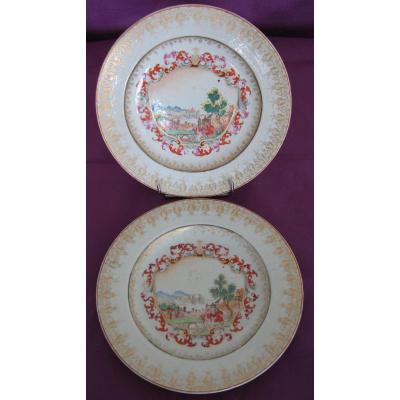 Pair Of Plates In The Company Of India Decor In Style Of Meissen, Eighteenth Century.