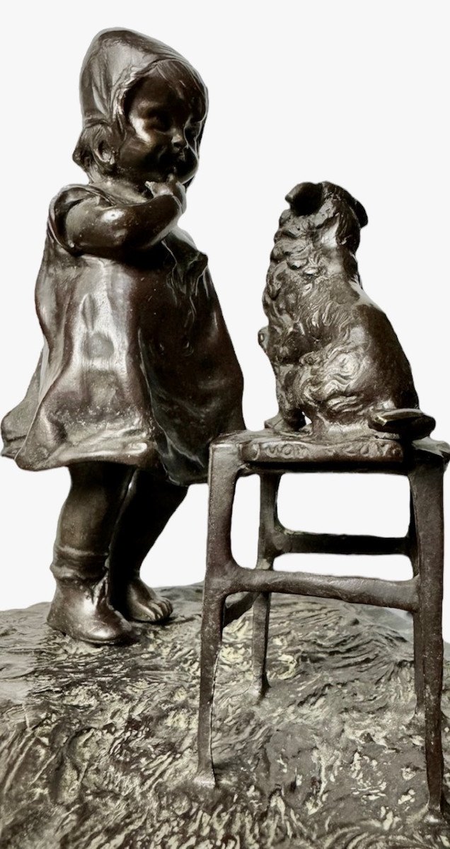 Very Beautiful Group In Bronze By Juan Clara (1875-1958) The Young Girl And Her Dog.-photo-6
