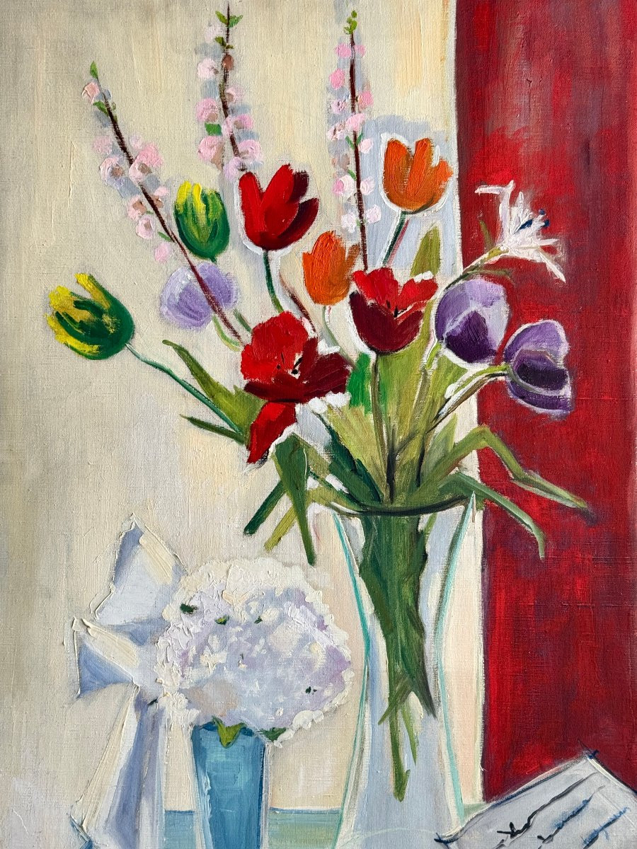 Marie Louise Ogier - Grand bouquet de tulipes - 1958 - Huile sur toile-photo-3