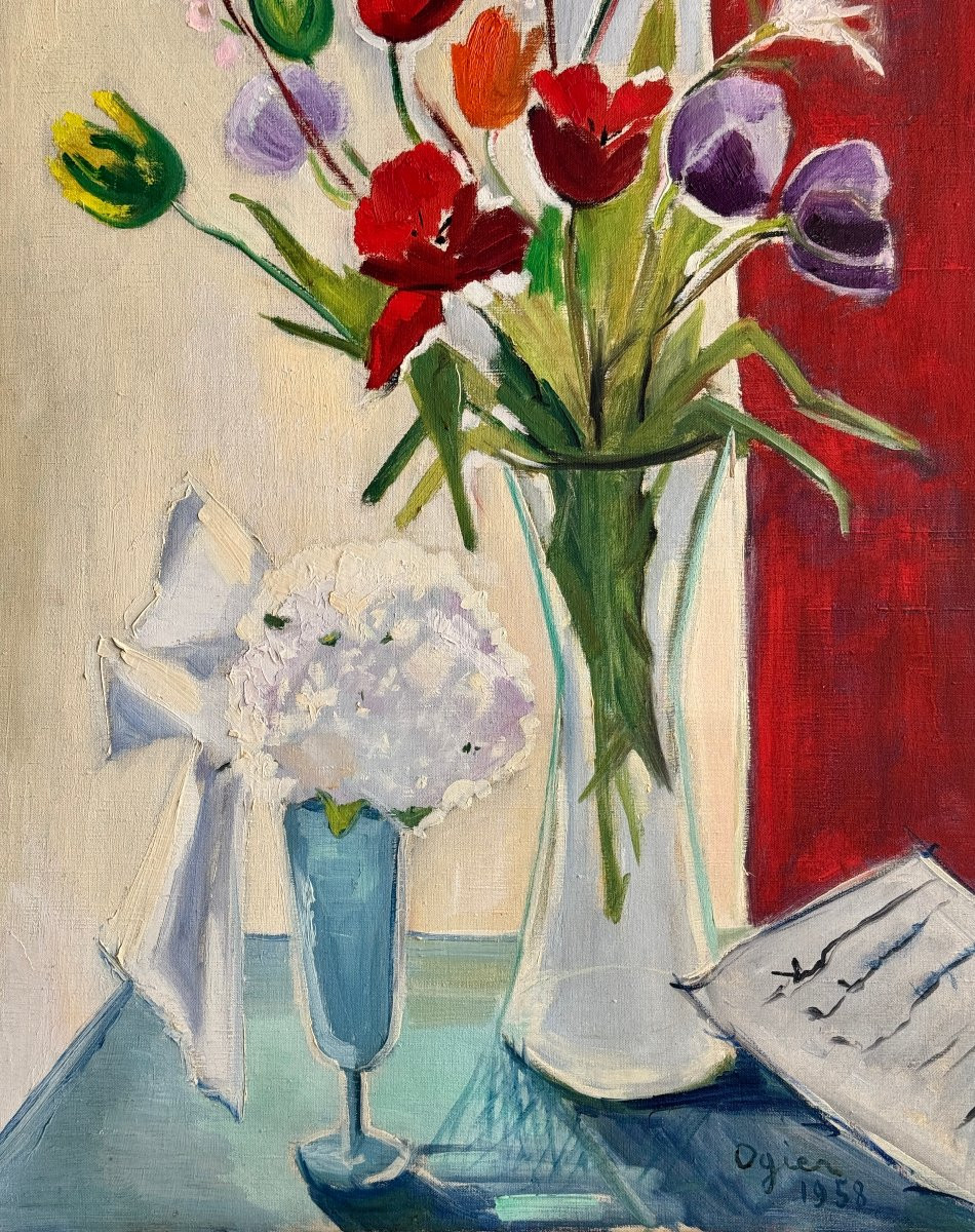 Marie Louise Ogier - Grand bouquet de tulipes - 1958 - Huile sur toile-photo-4