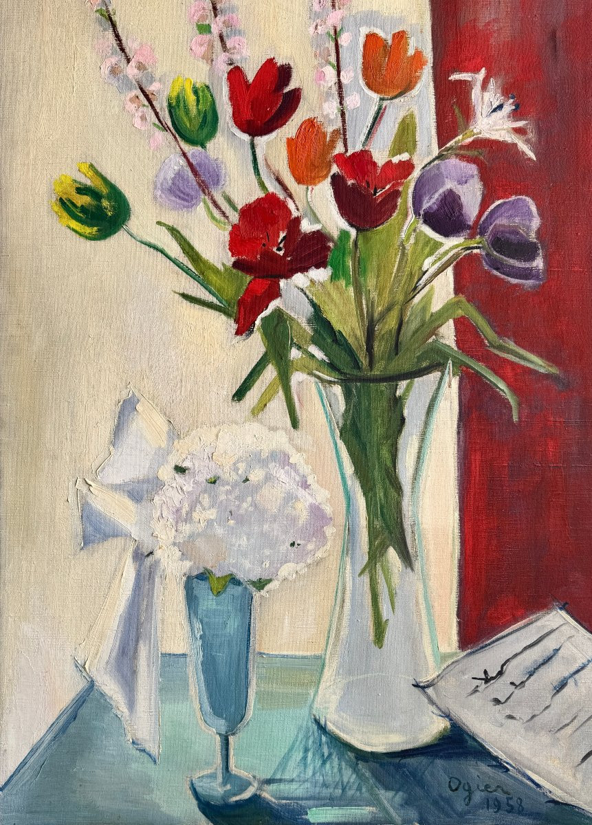 Marie Louise Ogier - Grand bouquet de tulipes - 1958 - Huile sur toile-photo-1