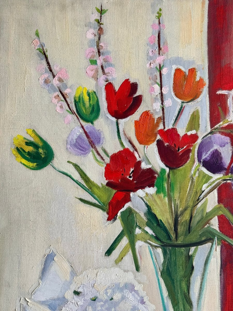 Marie Louise Ogier - Grand bouquet de tulipes - 1958 - Huile sur toile-photo-2