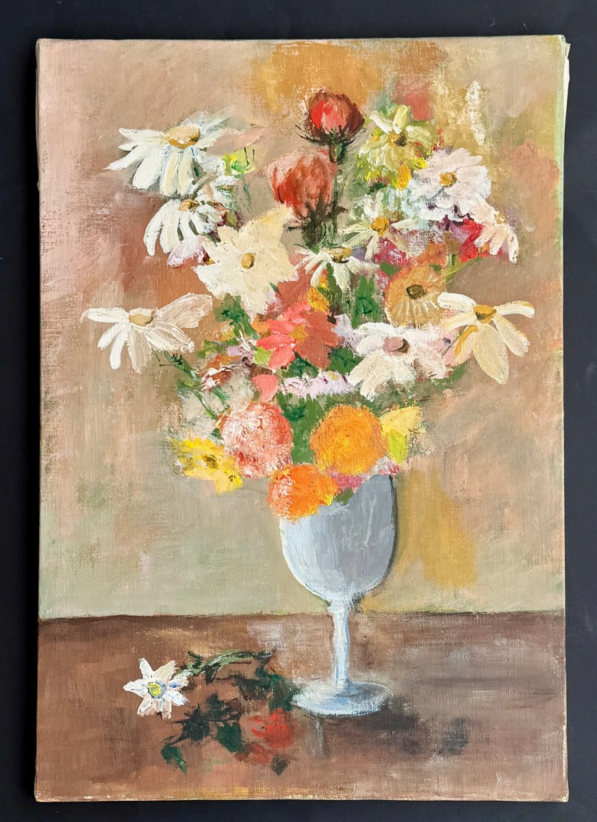 Marie Louise Ogier - Bouquet de fleurs - vers 1950 - Huile sur toile-photo-4
