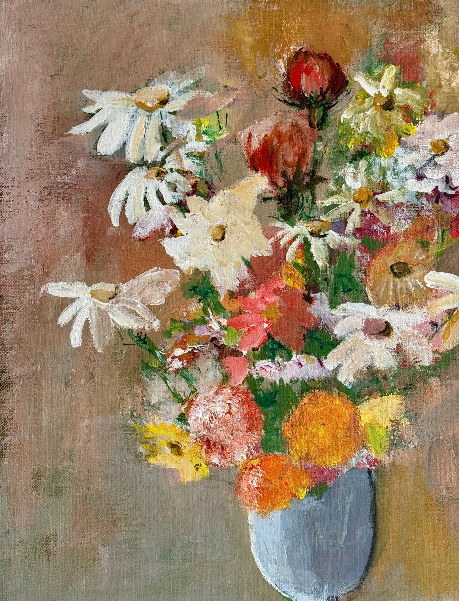 Marie Louise Ogier - Bouquet de fleurs - vers 1950 - Huile sur toile-photo-2