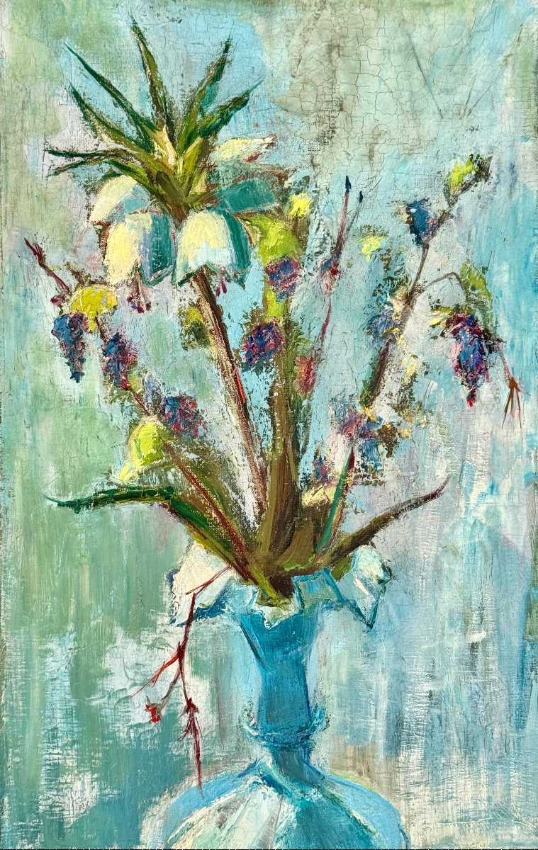 Marie Louise Ogier - Bouquet dans un vase bleu - vers 1950 - Huile sur toile-photo-4