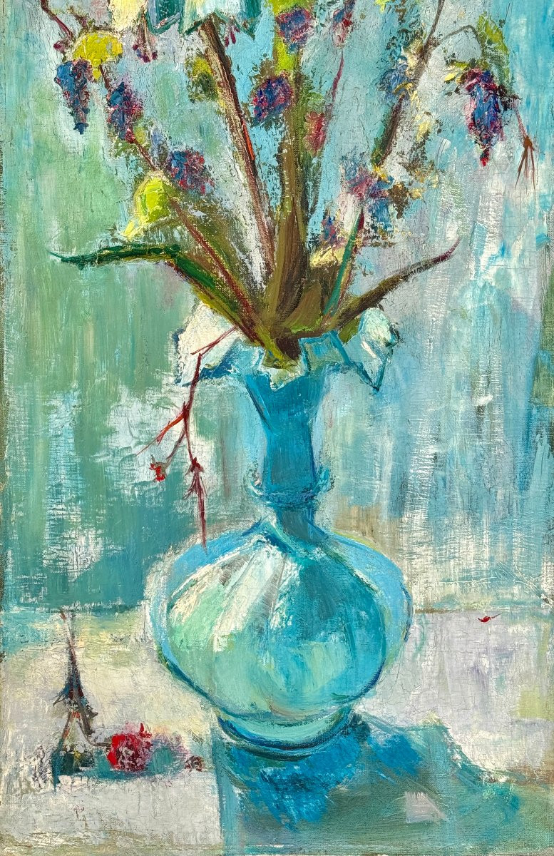 Marie Louise Ogier - Bouquet dans un vase bleu - vers 1950 - Huile sur toile-photo-1
