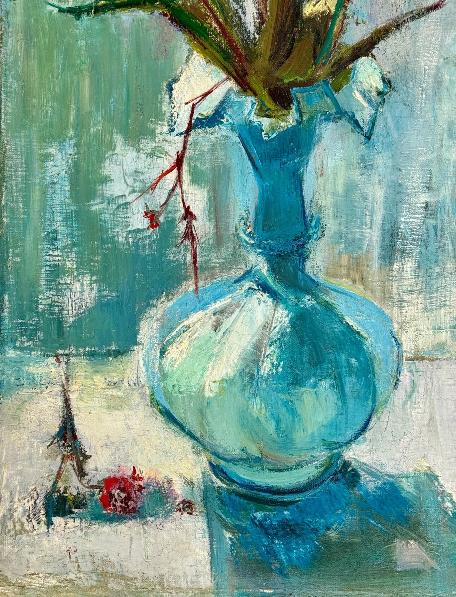 Marie Louise Ogier - Bouquet dans un vase bleu - vers 1950 - Huile sur toile-photo-3