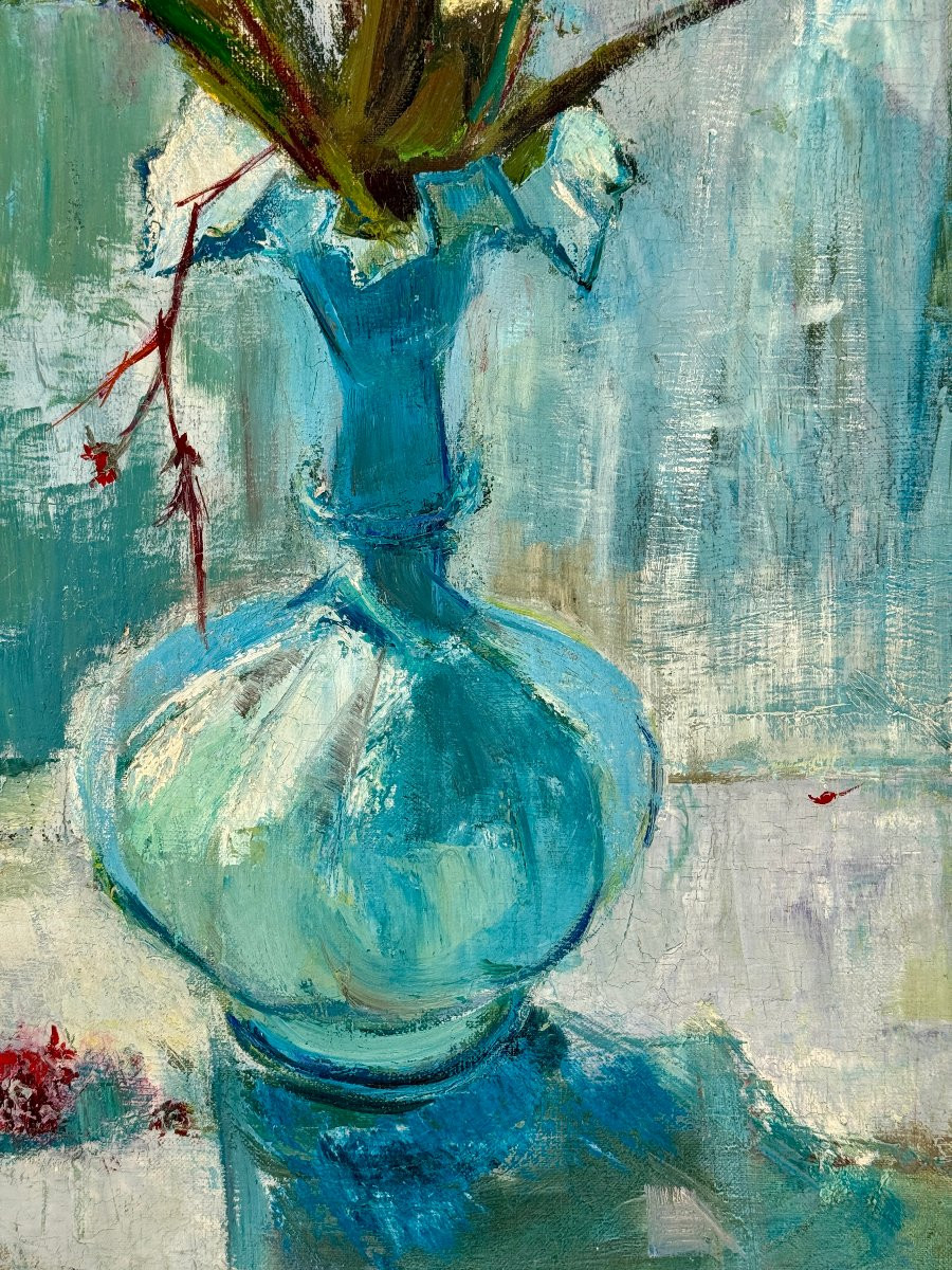 Marie Louise Ogier - Bouquet dans un vase bleu - vers 1950 - Huile sur toile-photo-4