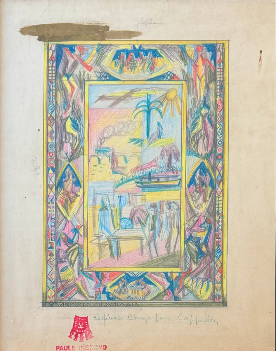 Paule And Max Ingrand, Preparatory Drawing For An Art Deco Panel "congo - Elephants" C.1940-photo-2